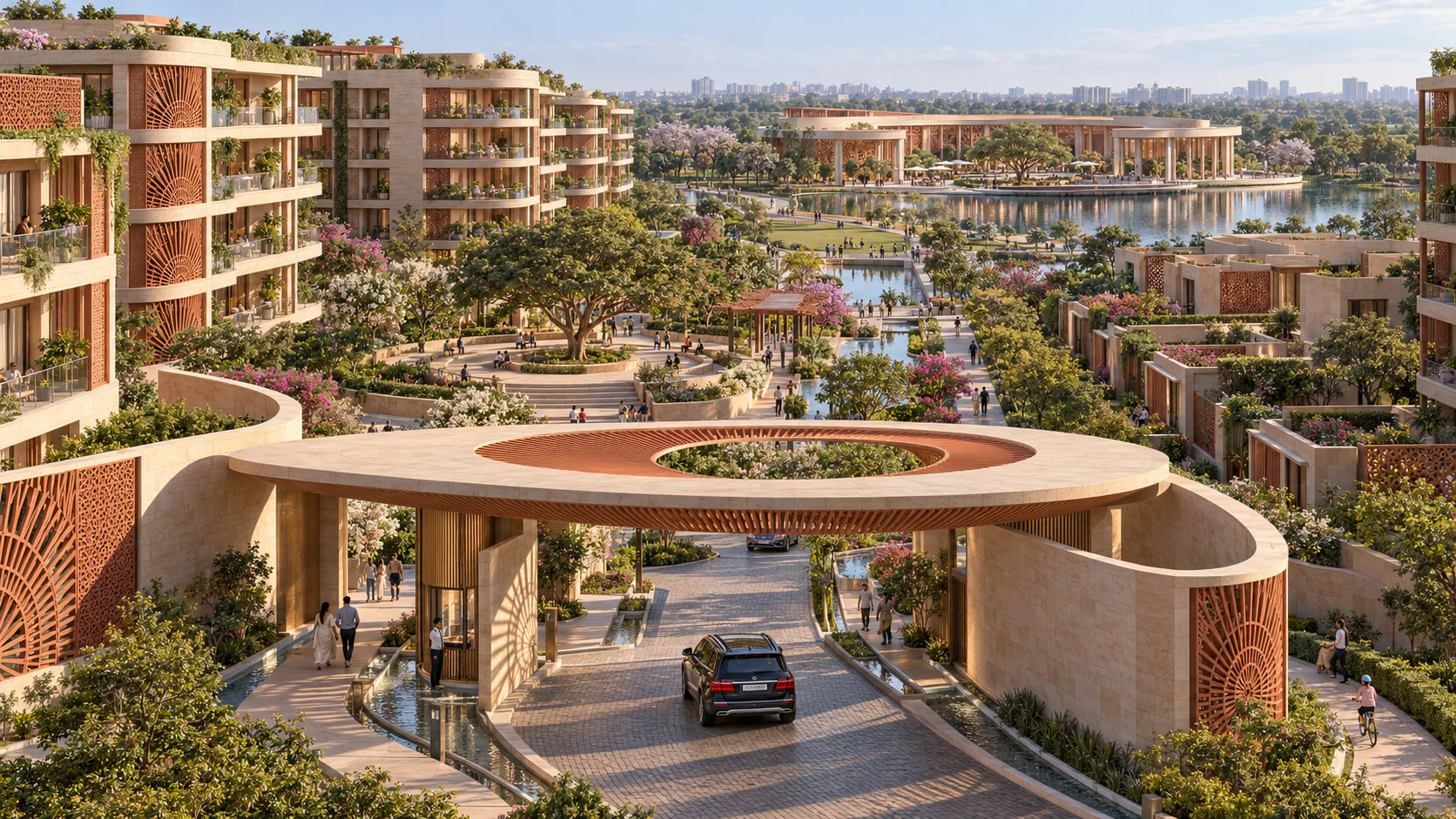 An overall view of Aurelia Grove with sunlit courts, villas and the crescent lake club.