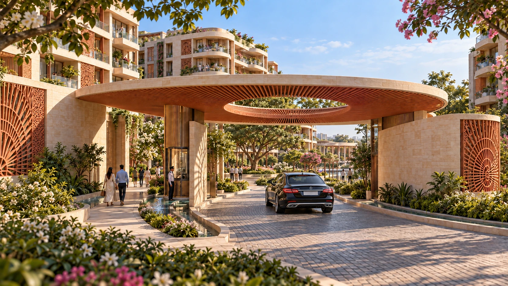 A black Mercedes-Maybach viewed from the rear at the sculptural Sun Gate, framed by gardens.