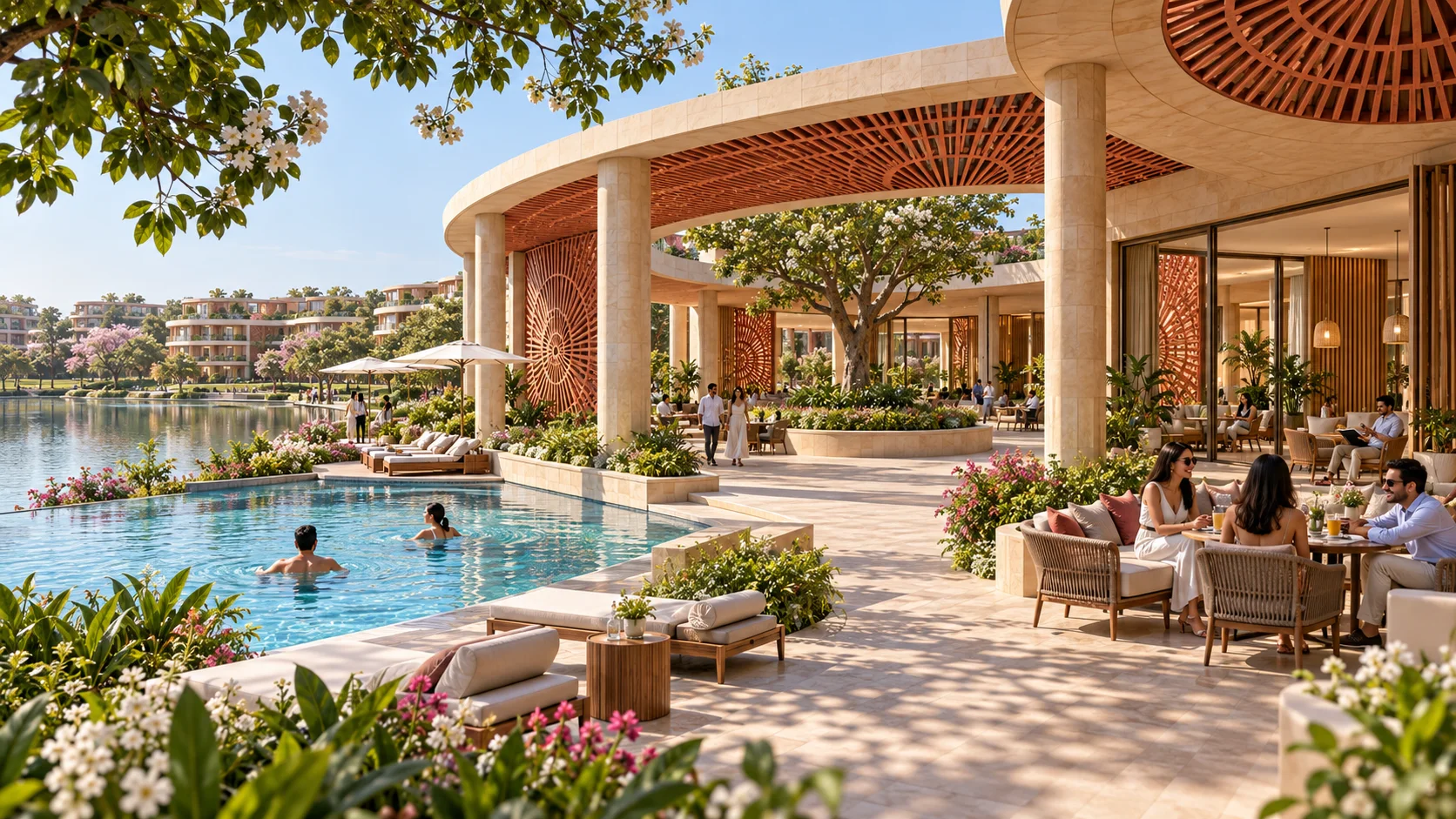 Friends spending an afternoon by the pool at Grove House.