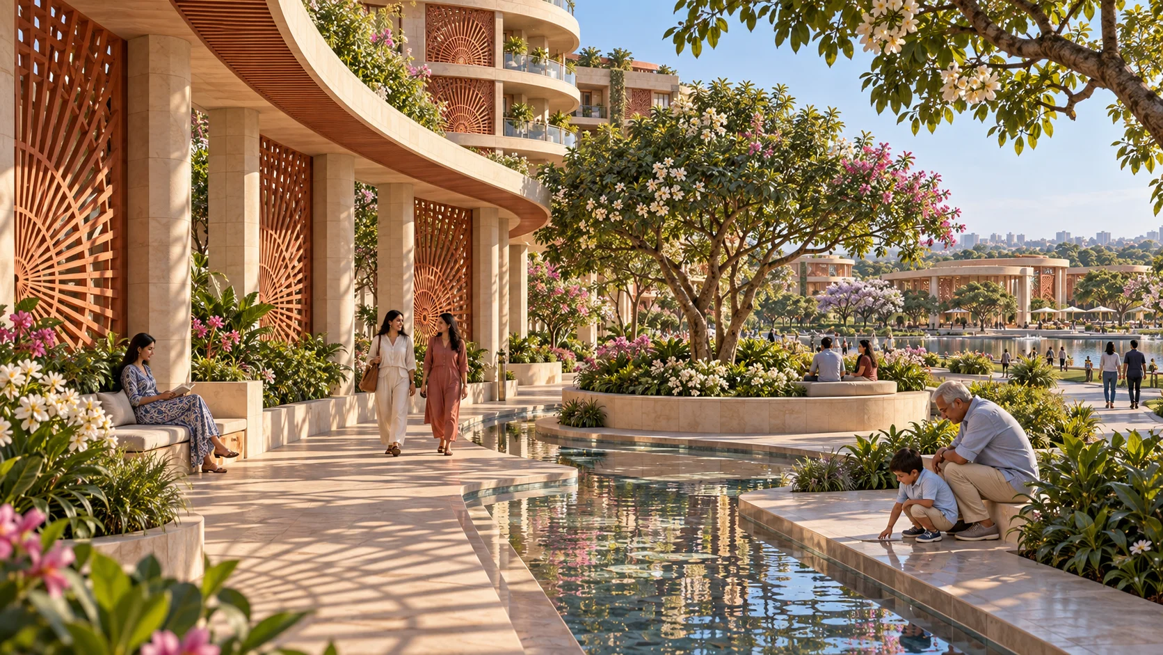 Residents strolling beneath the Sun Courts colonnade along the Water Walk.