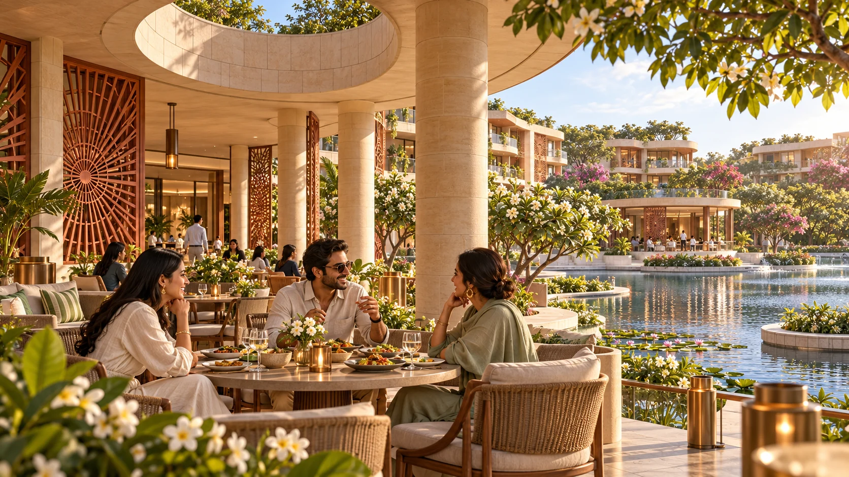 Friends sharing lunch on the shaded lakeside terrace at Grove House