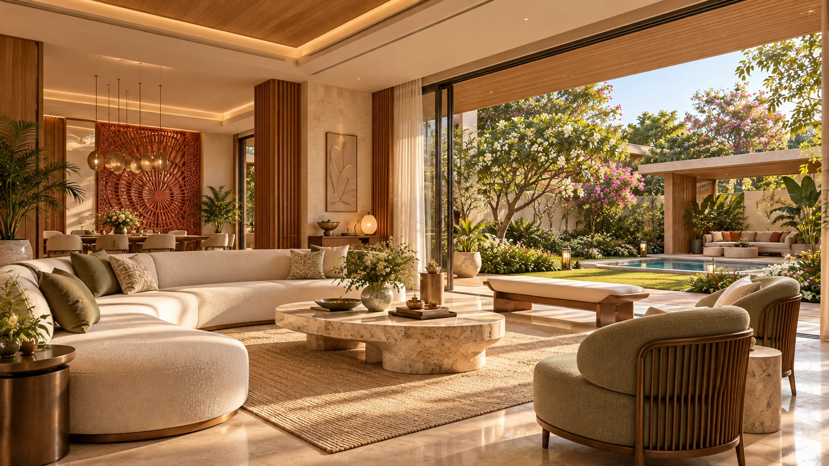 Signature Villas living room concept with shaded spaces and garden connections.
